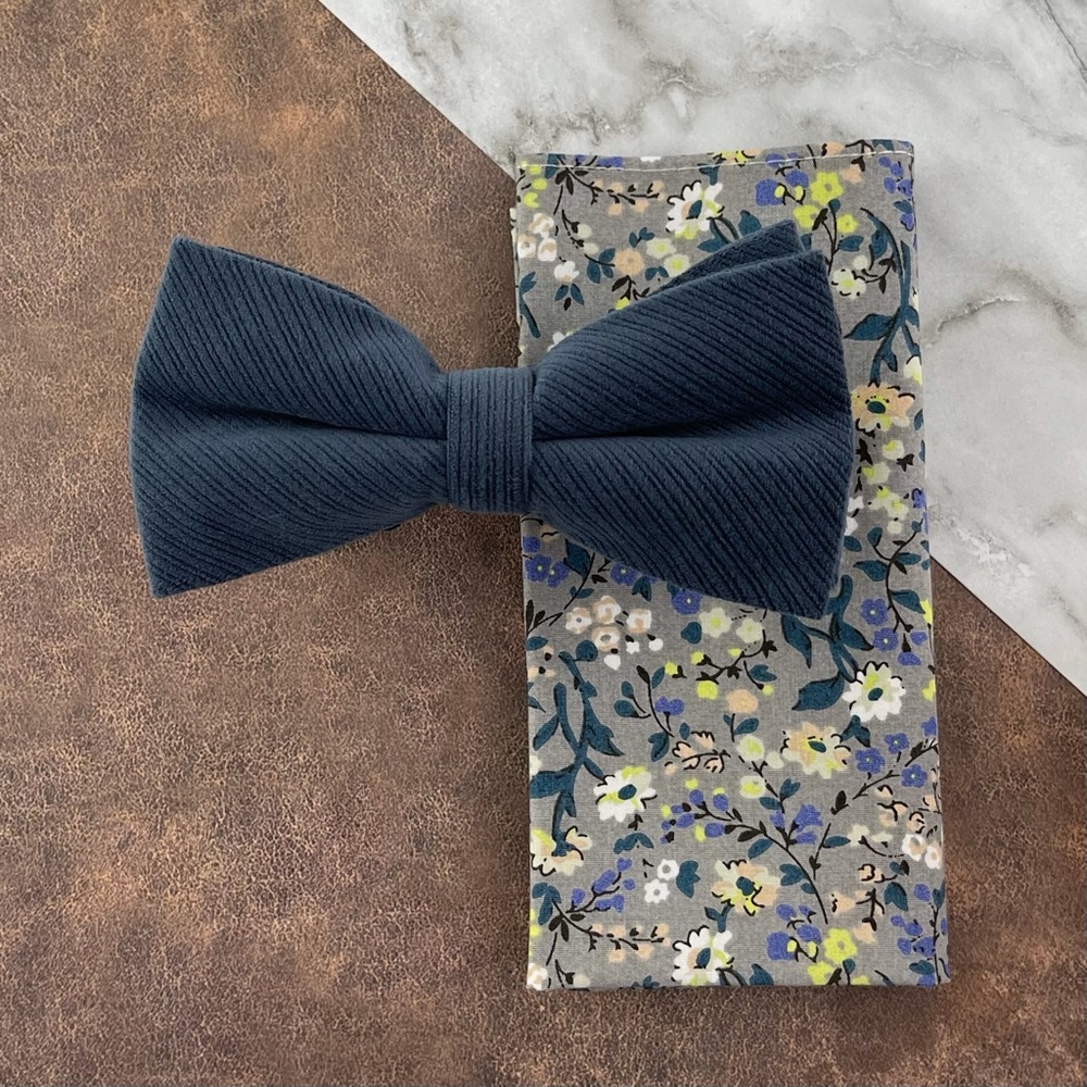 Men’s Slate Blue Velour Bow Tie & Grey Floral Pocket Square